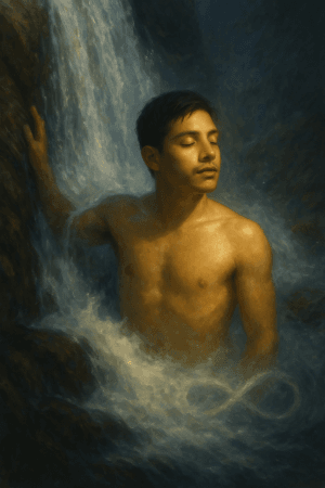 Renzo bajo una cascada representando su renacimiento interior en silencio y soledad