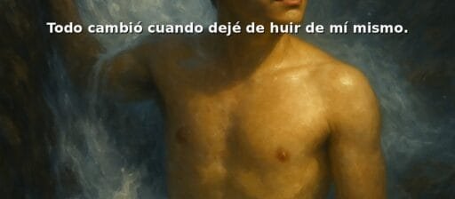 Renzo bajo una cascada representando su renacimiento interior en silencio y soledad